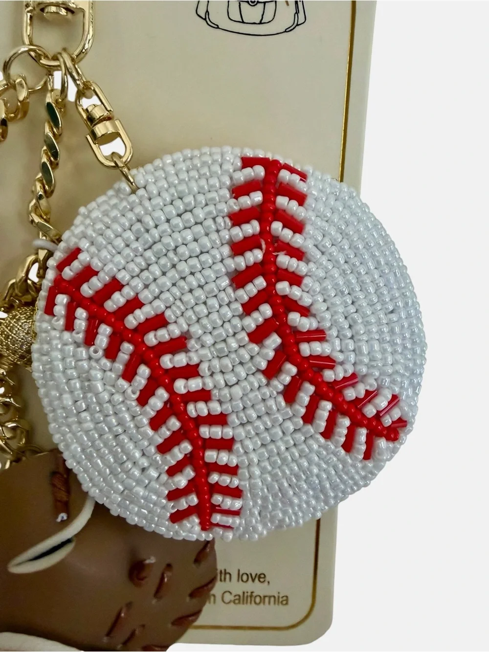NEW - EYE CANDY Baseball Themed Bag Charm & Keychain w/leather, beads, gold-tone